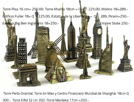 Te gusta viajar? Compra en Guate. tus recuerdos de edificios famosos del mundo: Torre Eiffel, Torre Khalifa, Molinos viento, Estatua Libertad, Big Ben, Empire State. Recuerdos viajes y turismoTorre Merdeka, Mundial de Shanghái