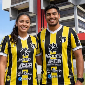 Hombre y mujer modelando la camisola oficial del Aurora FC 2025-2026 con franjas amarillas y negras en Guatemala