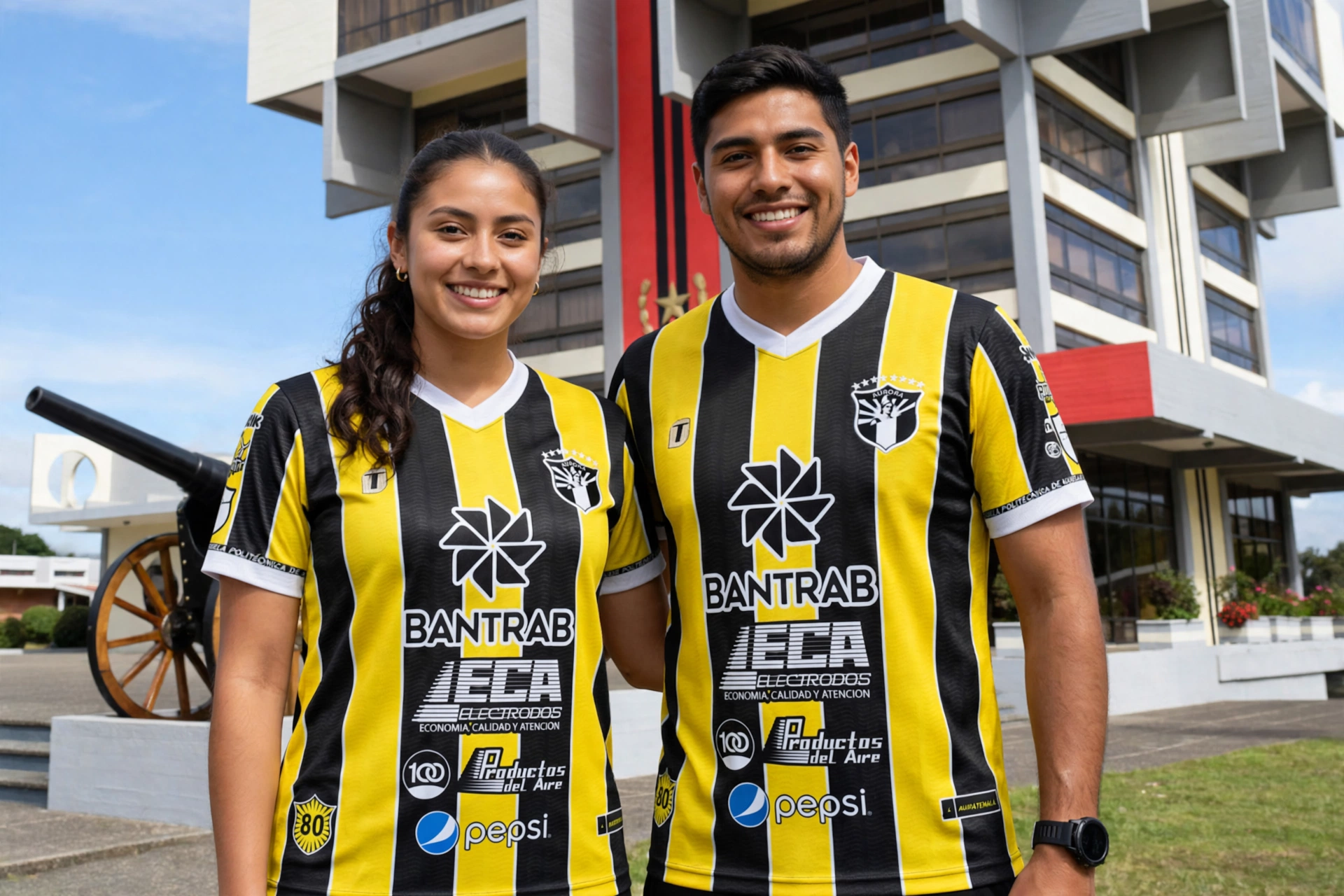 Hombre y mujer modelando la camisola oficial del Aurora FC 2025-2026 con franjas amarillas y negras en Guatemala