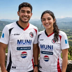 Hombre y mujer modelando la camisola oficial blanca del Quiché FC 2025