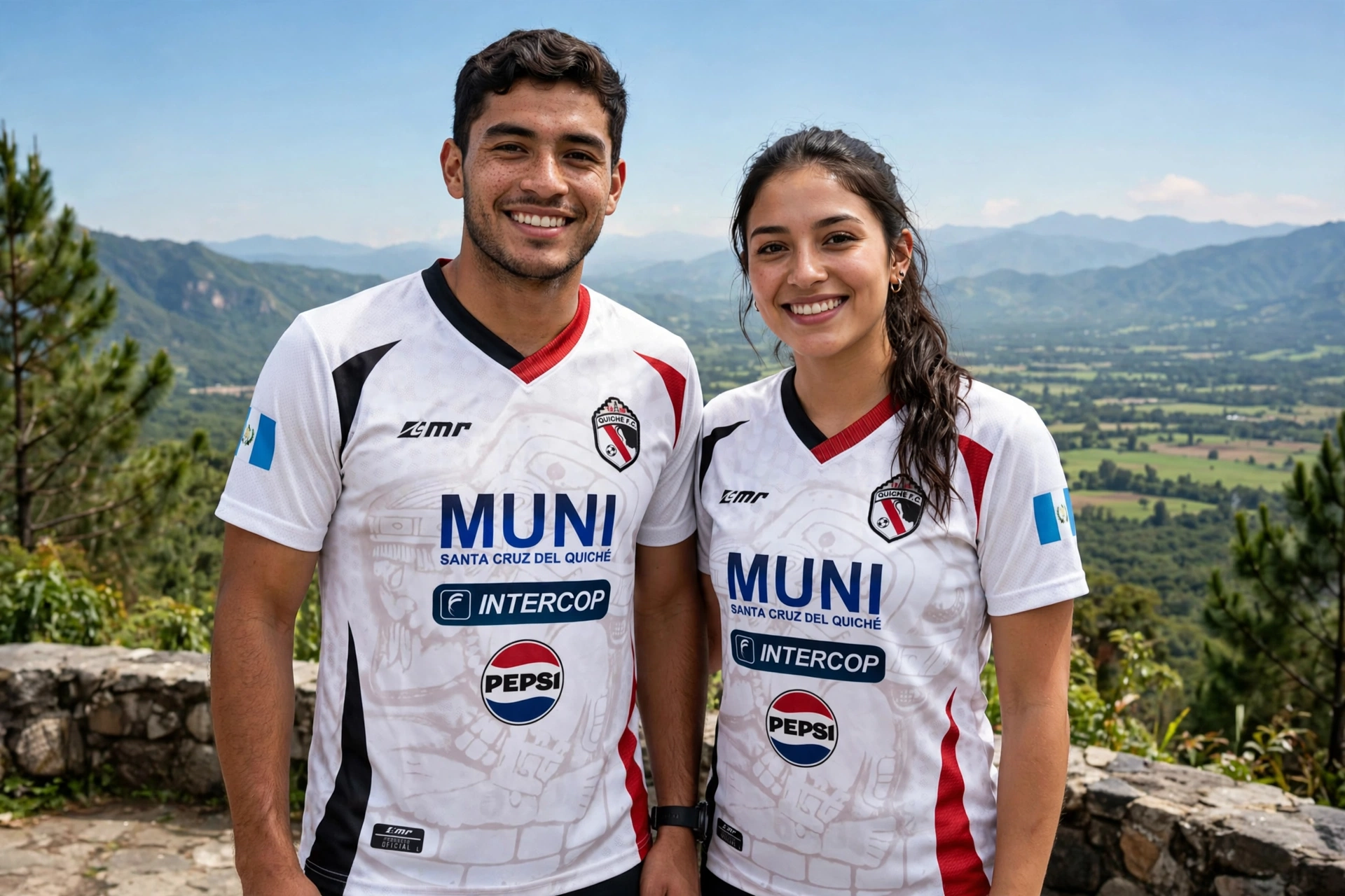 Hombre y mujer modelando la camisola oficial blanca del Quiché FC 2025